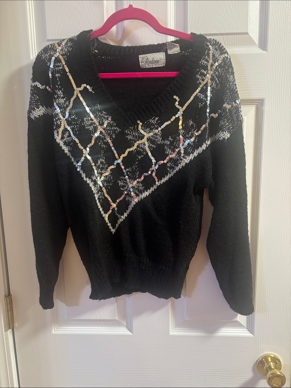Black V-Neck Sequin-Accent Women's Sweater